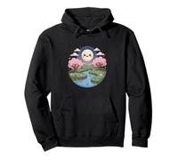 Cute Moon Smiles Over River And Trees Pullover Hoodie
