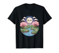 Cute Moon Smiles Over River and Trees T-Shirt