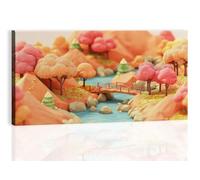 Cute Mountains Forest Trees Framed Canvas Print Wall Art 90L x 60W cm, 3D Cartoon Fade-Resistant Vibrant Color Painting for Bedroom Dining Room - Gallery Wrapped Stretched Canvas Wall Decor