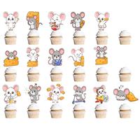 Cute Mouse Cupcake Toppers, 48 Pack Party Decorations, Animal Theme Cake Picks for Birthday, Baby Shower, Cheese Mouse Party Supplies