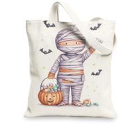 Cute Mummy Canvas Tote Bags, Adorable Halloween Pattern Reusable Grocery Bags, Lightweight Washable Shoulder Strap Canvas Bags for Trick or Treating 13x15 Inch