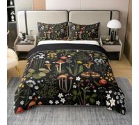Cute Mushroom 100% Cotton Duvet Cover Wild Flowers Jungle Plants Decor Bedding Set for Kids Teens Adults Natural Moth Snail Rustic Style Comforter Cover with 2 Pillowcases(No Comforter) King Size
