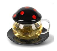 Cute Mushroom Cup Gothic Ceramic Tea Mug Set Black Glass Tea Cup with Infuser and Lid 290ml/10oz Teapot for Halloween Christmas Birthday Holiday Home Decor