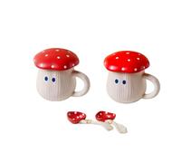 Cute Mushroom Mug with Lid and Spoon Set - 2 Pack Ceramic Coffee Tea Cup 14oz/400ml Novelty Red Polka Dot Cartoon Cups for Hot Chocolate, Milk, Latte | Kawaii Gift for Couples & Friends