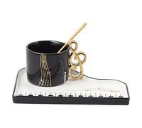 Cute Musical Piano Coffee Mugs Handles Luxury Saucer Spoon Unique Funky Ceramic Cup for Women Men Gift Ready Tea Cappuccino Espresso Americano Latte Box Set Gold Notes Key Tray Music Lovers (Black)