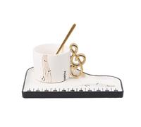 Cute Musical Piano Coffee Mugs Handles Luxury Saucer Spoon Unique Funky Ceramic Cup for Women Men Gift Ready Tea Cappuccino Espresso Americano Latte Box Set Gold Notes Key Tray Music Lovers (White)