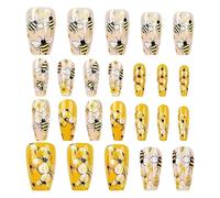 Cute Nails Press on - Glue on Nails for Girls,Set of 24 Reusable Bee and Flower Fake Fingernails for Travel Stage Shopping