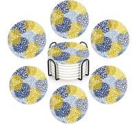 Cute Navy Blue Flower Coasters Set of 6,Absorbent Ceramic Coasters with Cork Base,Round Coaster Mats for Cold Drinks & Mugs, Rustic Home Decor + Holder