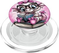 Cute Nerdy Dragon Reading Book Fantasy Cartoon Design PopSockets PopGrip for MagSafe