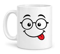 Cute Nerdy Face Glasses Coffee Mug - 11oz Ceramic White Black Magic Variations - Funny Silly Spectacles Tongue Out Graphic - Novelty Daily Office Desk Drinkware