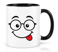 Cute Nerdy Face Glasses Coffee Mug - 11oz Ceramic White Black Magic Variations - Funny Silly Spectacles Tongue Out Graphic - Novelty Daily Office Desk Drinkware