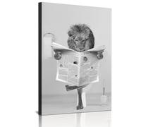 Cute Newspaper Animal Wall Art Black and White Canvas Printed Cabin Bathroom Decoration Bath Wall Picture Frameless (Lion, 1 Piece - 30 x 40 cm)