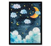 Cute Night Sky Stars Moon and Sleeping Clouds Framed Art Print Artery8 Blue A4