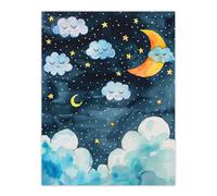 Cute Night Sky Stars Moon and Sleeping Clouds Wall Art Print Artery8 Blue W24 inch x H32 inch
