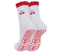 Cute Non-Slip Sock- Womens Pilates Grip Socks Yoga Crew Socks with Ruffle Cuff & Embroidery Pattern, Yoga Ballet Gifts for Workout Dance