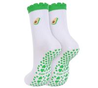 Cute Non-Slip Sock- Womens Pilates Grip Socks Yoga Crew Socks with Ruffle Cuff & Embroidery Pattern, Yoga Ballet Gifts for Workout Dance