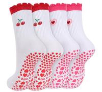 Cute Non-Slip Sock- Womens Pilates Grip Socks Yoga Crew Socks with Ruffle Cuff & Embroidery Pattern, Yoga Ballet Gifts for Workout Dance