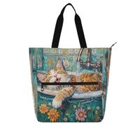 Cute Norwegian Safari Cat Cats Retro Bathtub Cute Book Tote Bag for Kids Adults Water-resistant Reusable Book Bag Grocery Bag with Zipper for School Shopping Travel Rainbow