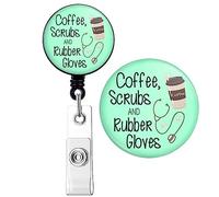Cute Nure Badge Reel Retractable ID Badge Holder with Alligator Clip, Crystal Coffee Scrubs and Rubber Gloves Pattern Badge Holder, CNA RN Nursing Badge Reel for Nurse Medical Worker Teacher