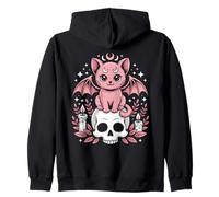 Cute Occult Cat With Crescent Moons Pink Gothic Fantasy Zip Hoodie