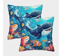 Cute Ocean Animals Cushion Cover Set of 2 Decorative Machine Washable Pillowcases Square Pillow Cases with Invisible Zipper Cushion Covers For Livingroom Sofa Bedroom Throw Pillow Case 45x45cm