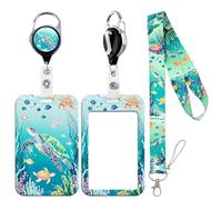 Cute Ocean Lanyard Badge Holder for Girls Kids Glitter Turquoise Turtle Retractable ID Badge Reel Clip for Cruise Card Lanyard Preppy School Nature Teacher
