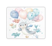Cute Ocean Seal Mouse Pad, Soft Blue Marine Life Animal Design, Colorful Balloons Stitched Edge Mousepad, Rubber Non-Slip Washable Gaming Mouse Pad for Kids Bedroom and Office Square 8x10 Inch