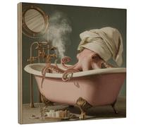Cute Octopus Bath Canvas Wall Art, Peach Green Fanciful Sea Creature Prints, Fun Bathroom Decor for Living Room, Bedroom, Spa, Wrapped Canvas 12x12 Inch