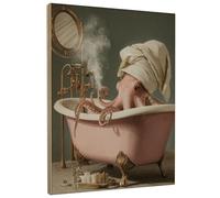 Cute Octopus Bath Canvas Wall Art, Peach Green Fanciful Sea Creature Prints, Fun Bathroom Decor for Living Room, Bedroom, Spa, Wrapped Canvas 8x10 Inch