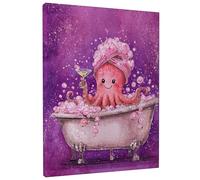 Cute Octopus Bath Canvas Wall Art, Peach Violet Ocean Creature Poster Prints, Fun Bath Decor for Living Room, Bedroom, Bathroom, Dorm, Wrapped Canvas 12x16 Inch