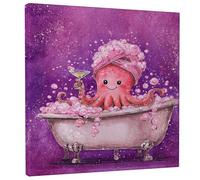 Cute Octopus Bath Canvas Wall Art, Peach Violet Ocean Creature Poster Prints, Fun Bath Decor for Living Room, Bedroom, Bathroom, Dorm, Wrapped Canvas 12x12 Inch