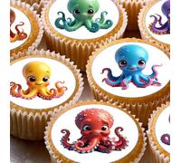 Cute Octopus Pre-cut Wafer Cupcake Toppers, Round Edible Decorations, Assorted Colours, 24-Pack