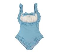 Cute One Piece Swimsuit Women Juniors 2024 Tummy Control Bathing Suit Japanese Kawaii Anime Maid Swimwear Bow Ruffle, Light Blue, S