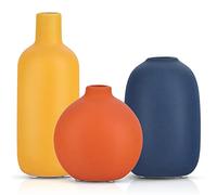 Cute Orange Blue Yellow Matte Ceramic Small Vase Set of 3, Modern Boho Vases for Flowers, Fall Home Table Centerpiece Minimalist Vases for Décor Room, Entryway, Bookshelf, Mantel, Shelf Decor