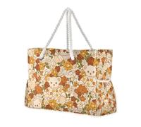 Cute Orange Cartoon Teddy Bear Large Capacity Beach Bag Tote with Side Pocketes Travel Tote Bags Good for Travel Pool Swim Beach Vacation Necessities