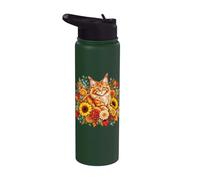 Cute Orange Cat Sunflowers & Autumn Flowers Stainless Steel Insulated Water Bottle