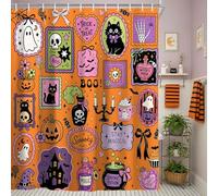 Cute Orange Halloween Shower Curtain, Pink Purple Black Cat Spooky Ghost Pumpkin Witch Brew Patchwork Bath Curtain for kids Girls, Waterproof Fabric Halloween Shower Curtains Set with 12Hooks 70X70IN