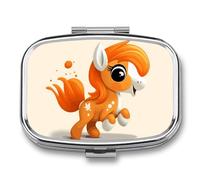 Cute Orange Pony Pill Box 2 Compartment, Portable Pill Case with Mirror for Pocket Purse Travel, Mini Metal Medicine Organizer for Vitamins Fish Oil