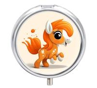 Cute Orange Pony Pill Box Medicine Pill Organizer 3 Compartment Daily Pill Case Small Pill Container Round Pill Holder Travel Pill Box Metal Pill Case for Purse Pocket