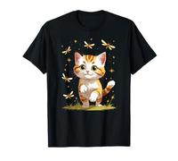 Cute Orange Tabby Cat with Fireflies Night Scene T-Shirt