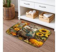 Cute Otter Autumn Bath Mat, Sunflower and Pumpkin Decorative Non Slip Shower Rug, Seasonal Flannel Washable Bathroom Mat for Fall Decor 20x32 Inch