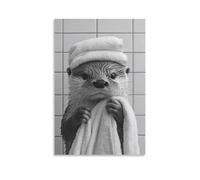 Cute Otter Bathroom Wall Art Canvas Funny Animal Poster with Towel And Shower Scene Whimsical Black And White Illustration Toilet Room Guest Bath Spa Decor Canvas Print Idea Gift 12x18inch Unframe