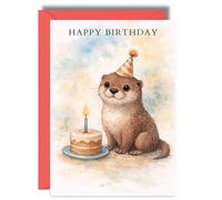 Cute Otter Birthday Card Watercolour Animal With Cake JBS165