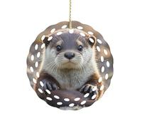 Cute Otter Ceramic Christmas Ornaments 3 Inch Round Double-Sided Xmas Tree Decorations Pendant with Gold Ribbon for Home Holiday Decor, Gift for Family & Friends