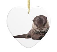 Cute Otter Christmas heart-shaped ceramic pendant with a printed pattern 2.9 inches in diameter
