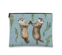 Cute Otter Makeup Bag, Blue Ocean Creatures Cosmetic Travel Pouch for Women, Portable Small Canvas Zipper Organizer, Beach Gift Skincare Toiletry Bag, Blue, 7x9 Inch, Otters