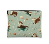 Cute Otter Makeup Bag, Playful Sea Animal Cosmetic Travel Pouch for Women, Portable Small Canvas Zipper Organizer, Summer Beach Toiletry Bag, Green, 7x9 Inch, Otters