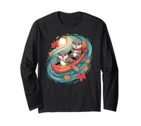 Cute Otter Pair in Fall River Autumn Canoe Scene Long Sleeve T-Shirt