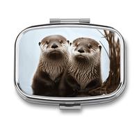 Cute Otter Pill Box 2 Compartment - Small Metal Medicine Organizer Portable Pill Case for Purse Pocket Travel Vitamin Organizer for Men Women, BPA-Free