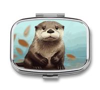 Cute Otter Pill Box 2 Compartments Portable Travel Pill Case Mini Medicine Organizer for Pocket Purse Metal Waterproof Medicine Container Holder Vitamin Fish Oil
